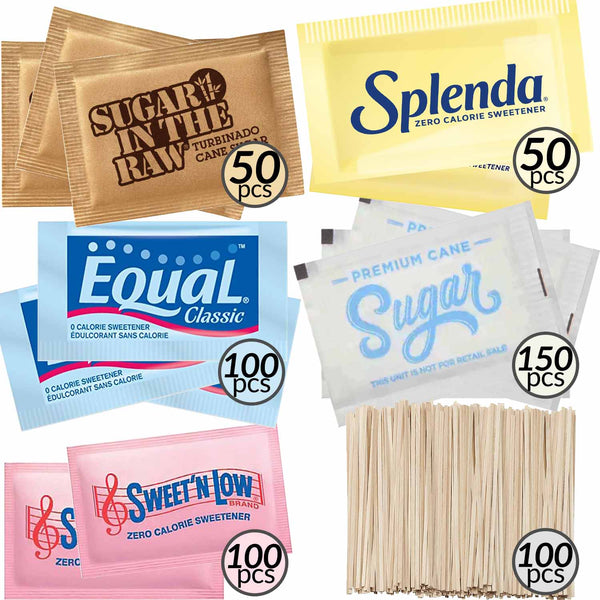 Sugar Packets for Coffee - 550-Pack: Splenda, Sugar in the Raw, Equal, Sweet'n Low, Cane Sugar & Wooden Coffee Stirrers