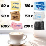 Sugar Packets for Coffee - 650-Pack: Splenda, Sugar in the Raw, Equal, Sweet'n Low, Cane Sugar & Reusable Coffee Stirrers