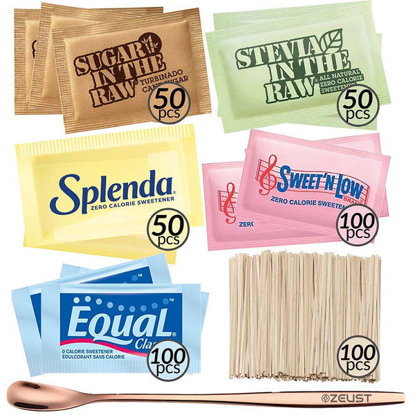 Sweetener and Sugar Packets for Coffee Variety Pack 450 Count - With Stevia Packets