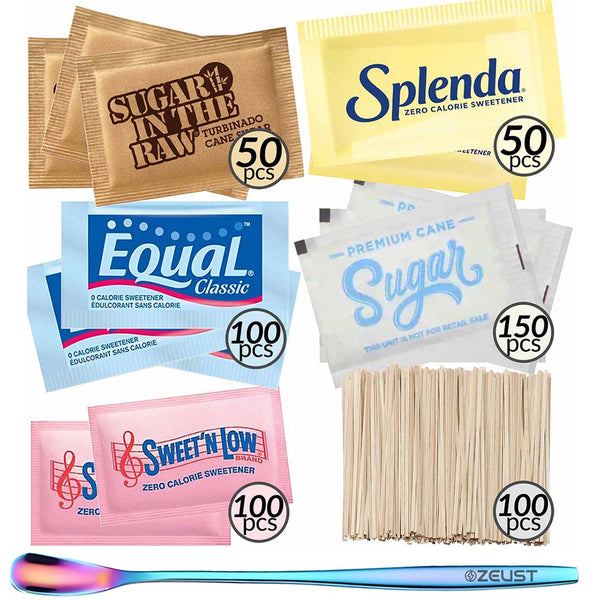 Assorted Sugar Packets for Coffee Variety Pack - 550 Count, Wooden Stirrers