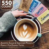 Assorted Sugar Packets for Coffee Variety Pack - 550 Count, Wooden Stirrers
