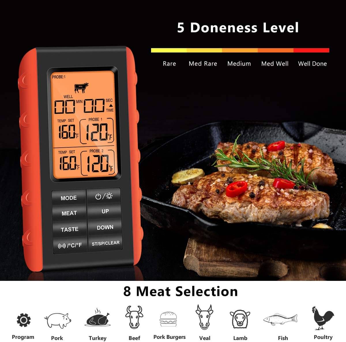 TP20 Wireless Remote Cooking Food Meat Thermometer with Dual Probe for  Smoker Grill BBQ Thermometer