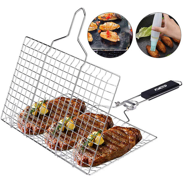 Portable BBQ Grill Basket, Stainless Steel Grilling Basket with Removable Handle